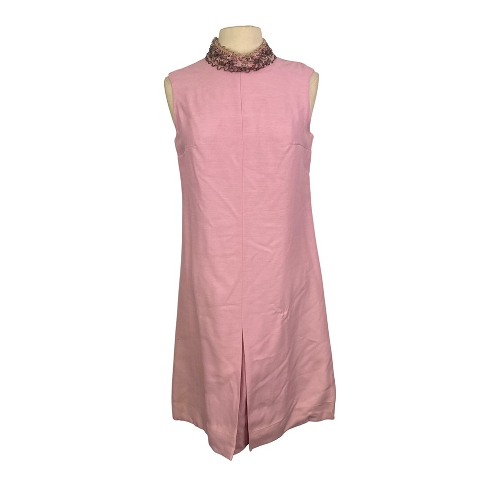 Vintage Mardi Gras New York Pink Beaded Mock Neck Shift Dress 60s Mod Sleeveless